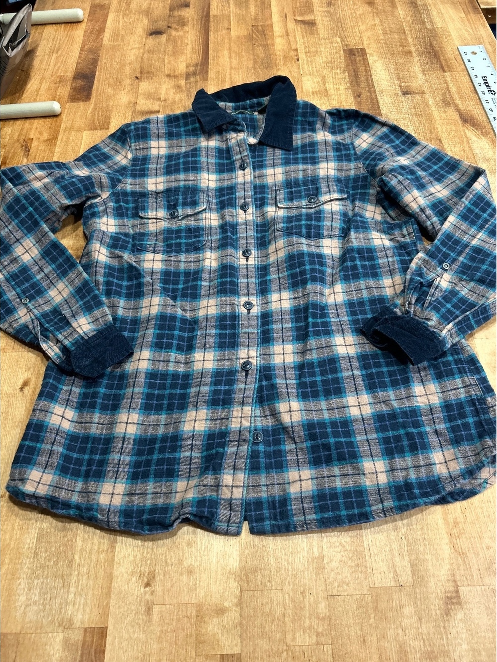 Eddie Bauer Men's Plaid Flannel Shirt Size XL Tall Blue Tan